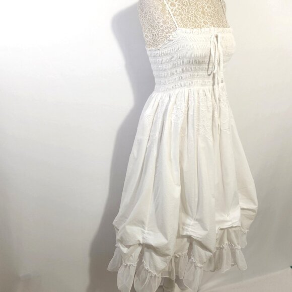 Forever 21 Size Small White Embroidered Ruched Tulle Hem Smocked Midi Dress - Picture 2 of 16
